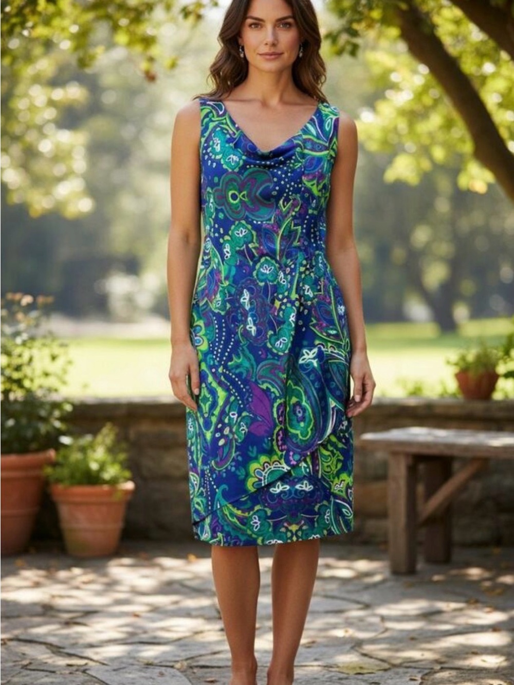 Lauren Ralph Lauren Paisley Shift Dress Sz 16 Green Blue Purple Mod Satin Lined